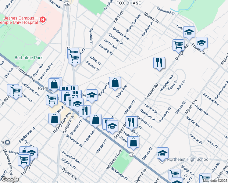 map of restaurants, bars, coffee shops, grocery stores, and more near 7521 Lawndale Avenue in Philadelphia