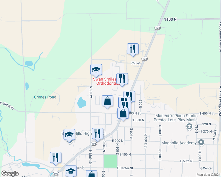 map of restaurants, bars, coffee shops, grocery stores, and more near 571 150 East in Salem