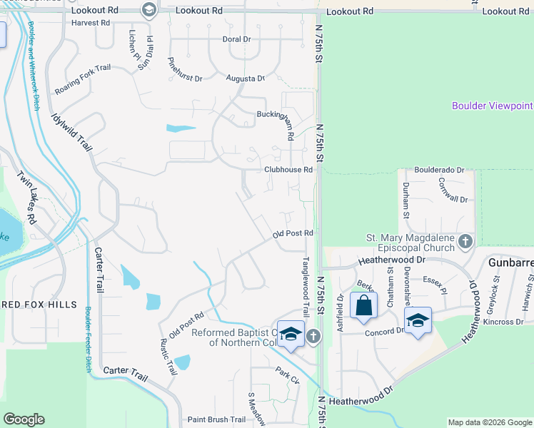 map of restaurants, bars, coffee shops, grocery stores, and more near 4874 Briar Ridge Court in Boulder