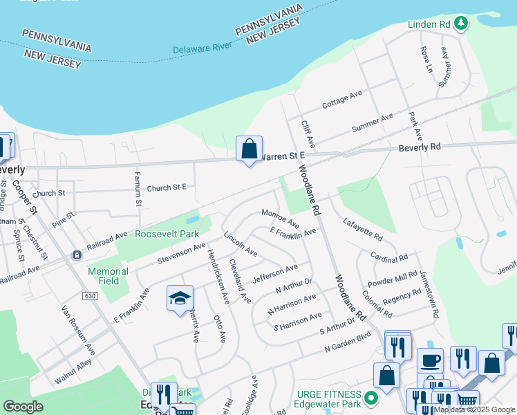 map of restaurants, bars, coffee shops, grocery stores, and more near 319 Monroe Avenue in Beverly