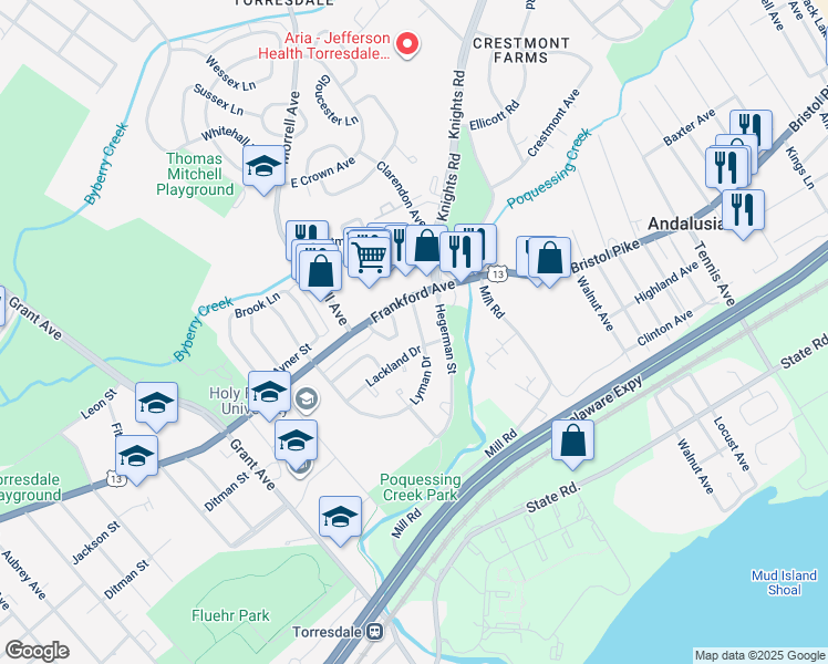 map of restaurants, bars, coffee shops, grocery stores, and more near 4032 Lyman Drive in Philadelphia
