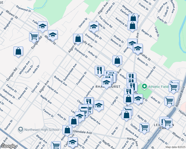 map of restaurants, bars, coffee shops, grocery stores, and more near 1827 Rhawn Street in Philadelphia