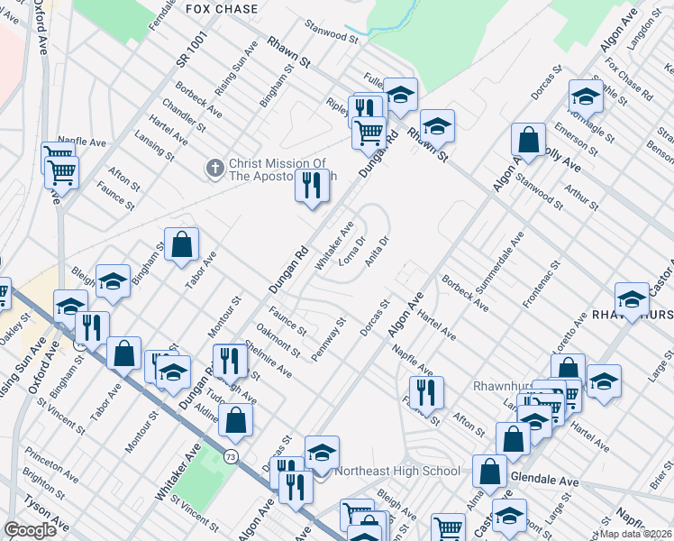 map of restaurants, bars, coffee shops, grocery stores, and more near 7811 Lorna Drive in Philadelphia