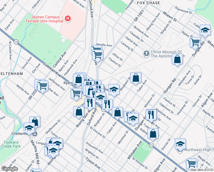 map of restaurants, bars, coffee shops, grocery stores, and more near 7404 Rising Sun Avenue in Philadelphia