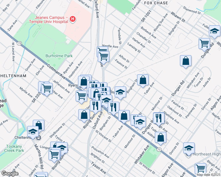 map of restaurants, bars, coffee shops, grocery stores, and more near 7404 Rising Sun Avenue in Philadelphia