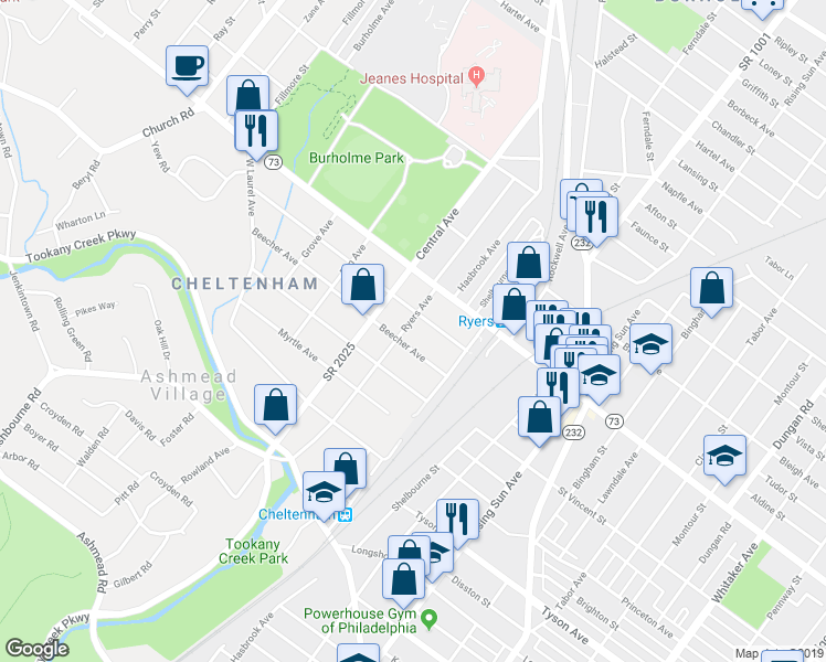 map of restaurants, bars, coffee shops, grocery stores, and more near 105 Ryers Avenue in Montgomery County