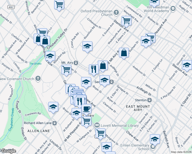 map of restaurants, bars, coffee shops, grocery stores, and more near 235-37 East Mount Airy Avenue in Philadelphia