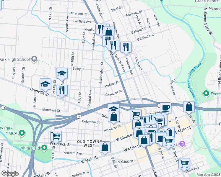 map of restaurants, bars, coffee shops, grocery stores, and more near 63 Hoover Street in Newark
