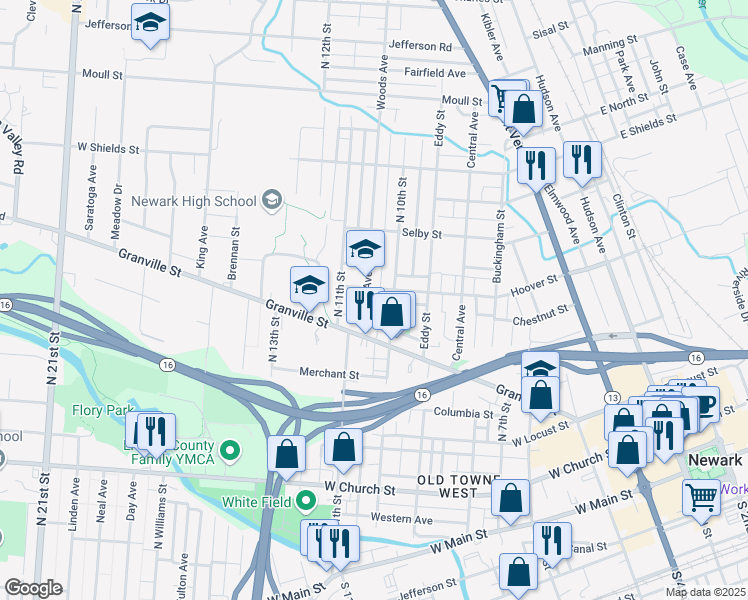 map of restaurants, bars, coffee shops, grocery stores, and more near 240 Woods Avenue in Newark