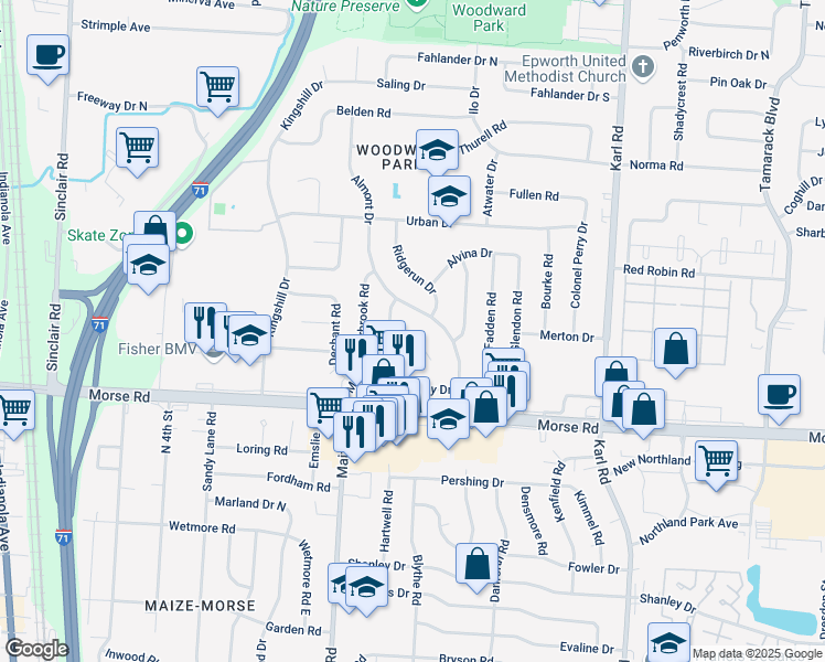 map of restaurants, bars, coffee shops, grocery stores, and more near 1274 Maize Court in Columbus