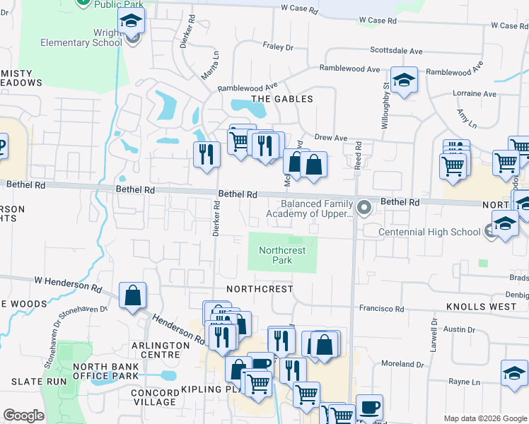 map of restaurants, bars, coffee shops, grocery stores, and more near 5260 Meadowknoll Lane in Columbus