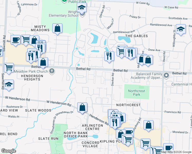 map of restaurants, bars, coffee shops, grocery stores, and more near 2291 Hedgerow Road in Columbus