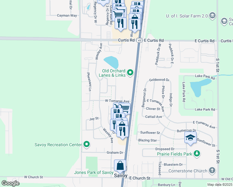 map of restaurants, bars, coffee shops, grocery stores, and more near 705b Ramblewood Court in Savoy