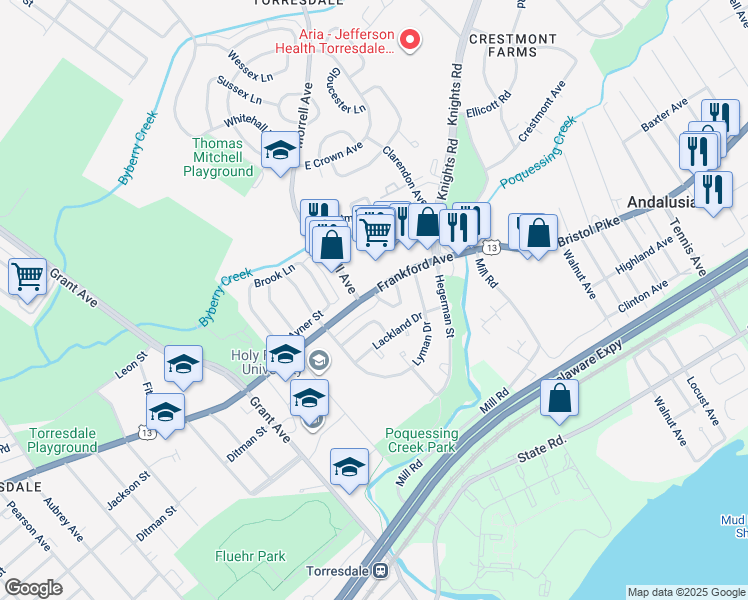 map of restaurants, bars, coffee shops, grocery stores, and more near 9893 Frankford Avenue in Philadelphia