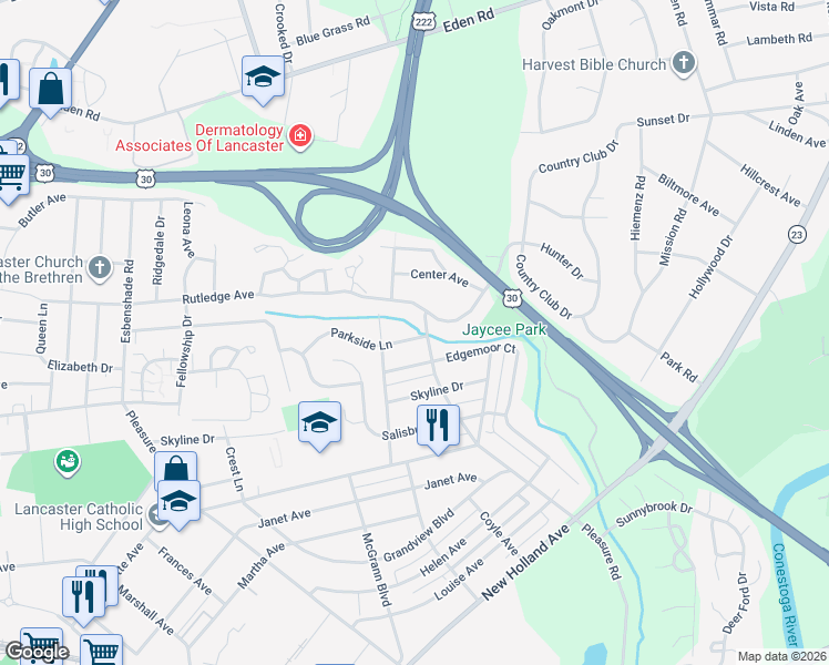 map of restaurants, bars, coffee shops, grocery stores, and more near 963 Parkside Lane in Lancaster