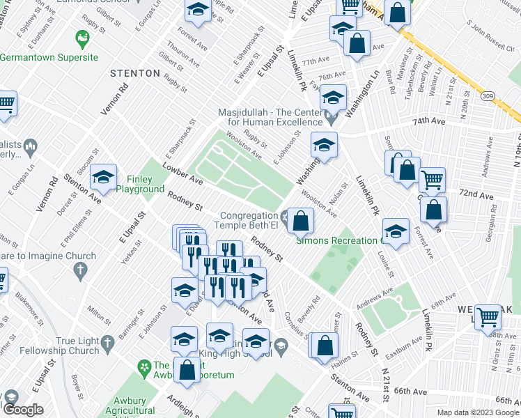 map of restaurants, bars, coffee shops, grocery stores, and more near Lowber Ave & E Duval St in Philadelphia