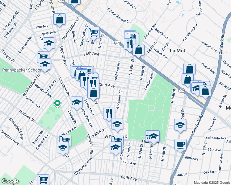 map of restaurants, bars, coffee shops, grocery stores, and more near 7161 Andrews Avenue in Philadelphia