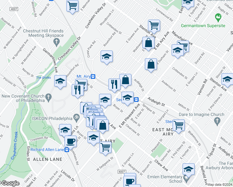 map of restaurants, bars, coffee shops, grocery stores, and more near 7203 Devon Street in Philadelphia