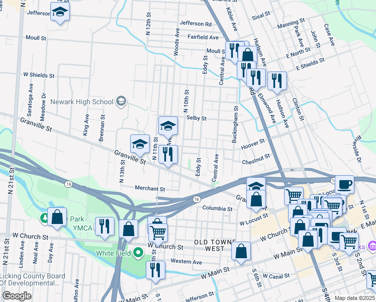map of restaurants, bars, coffee shops, grocery stores, and more near 219 Hoover Street in Newark