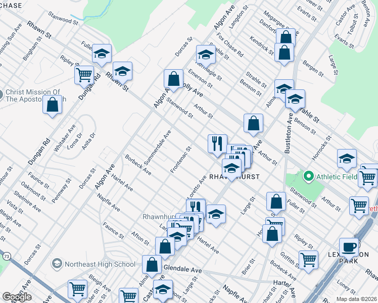 map of restaurants, bars, coffee shops, grocery stores, and more near 7955 Frontenac Street in Philadelphia