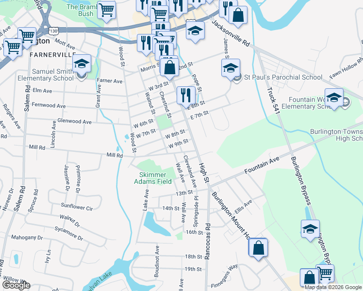 map of restaurants, bars, coffee shops, grocery stores, and more near 24 West 9th Street in Burlington