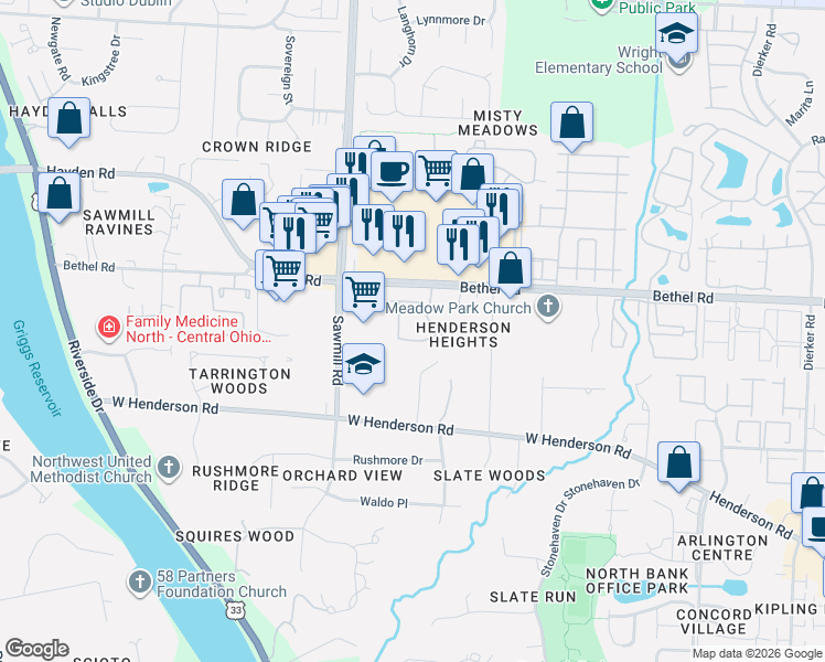 map of restaurants, bars, coffee shops, grocery stores, and more near 5345 Stonemeadow Avenue in Columbus