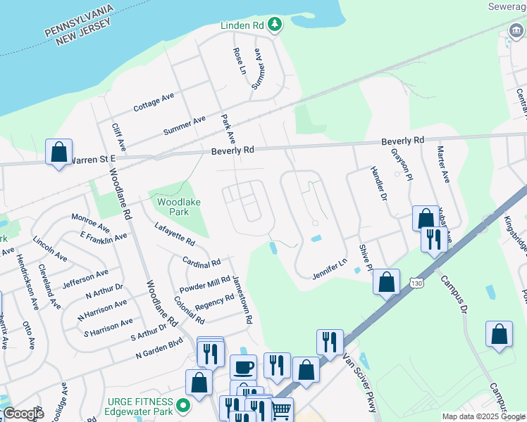 map of restaurants, bars, coffee shops, grocery stores, and more near 55 Riverwalk Boulevard in Burlington