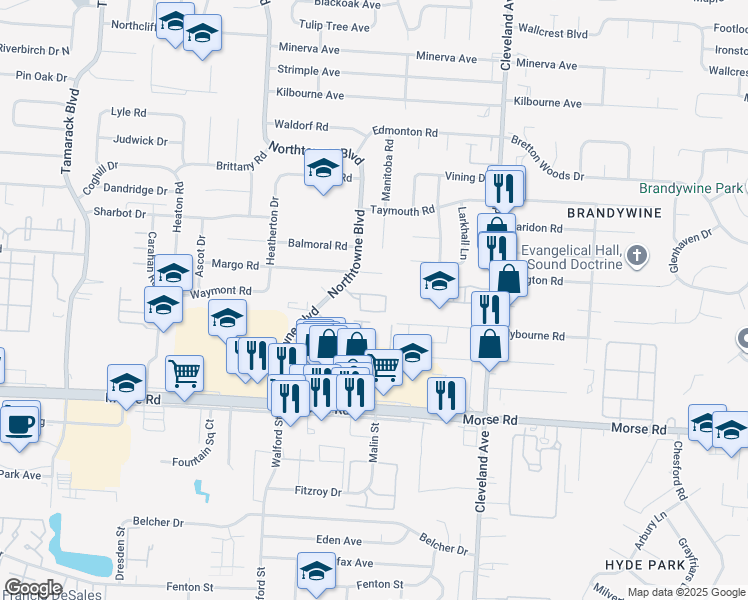 map of restaurants, bars, coffee shops, grocery stores, and more near 4636 Northtowne Boulevard in Columbus