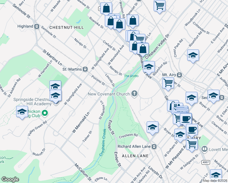 map of restaurants, bars, coffee shops, grocery stores, and more near Cresheim Valley Drive in Philadelphia