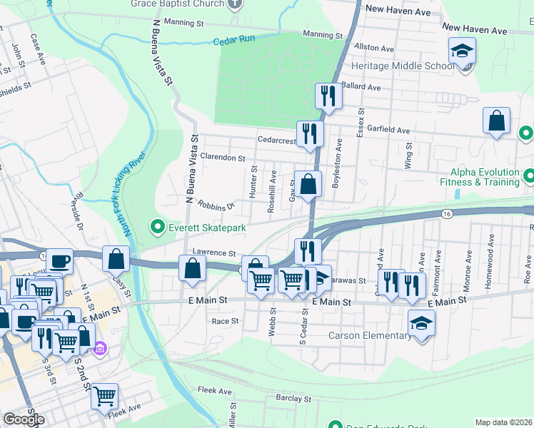 map of restaurants, bars, coffee shops, grocery stores, and more near 129 Rosehill Avenue in Newark
