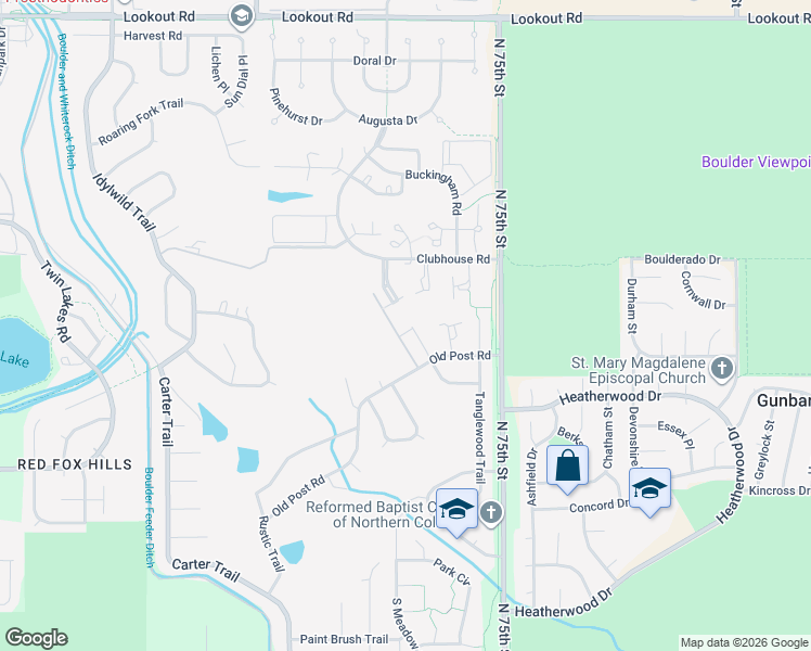 map of restaurants, bars, coffee shops, grocery stores, and more near 4874 Briar Ridge Court in Boulder