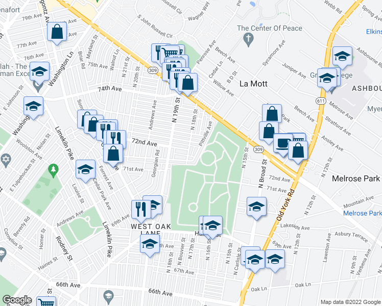 map of restaurants, bars, coffee shops, grocery stores, and more near 7169 North 18th Street in Philadelphia