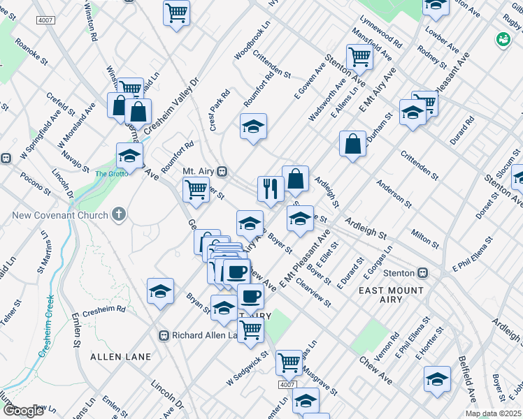 map of restaurants, bars, coffee shops, grocery stores, and more near 7230 Devon Street in Philadelphia