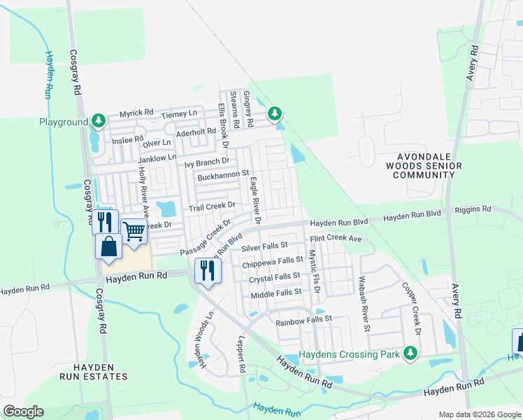 map of restaurants, bars, coffee shops, grocery stores, and more near 5483 Pointe Breeze Drive in Dublin