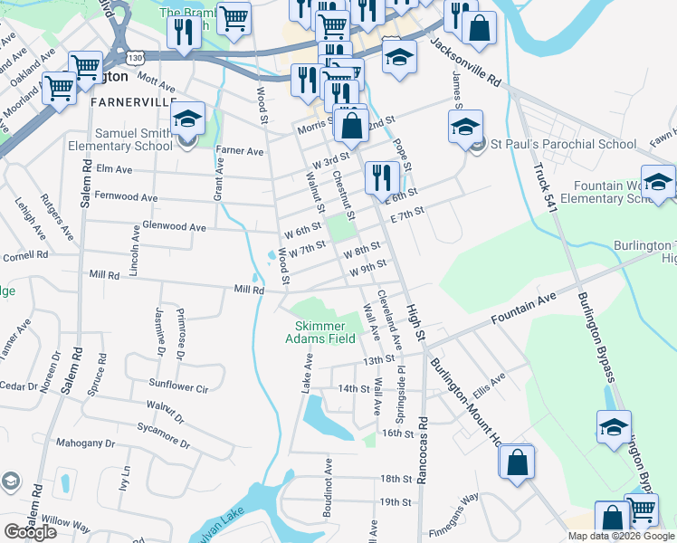 map of restaurants, bars, coffee shops, grocery stores, and more near 1412 Walnut Street in Burlington