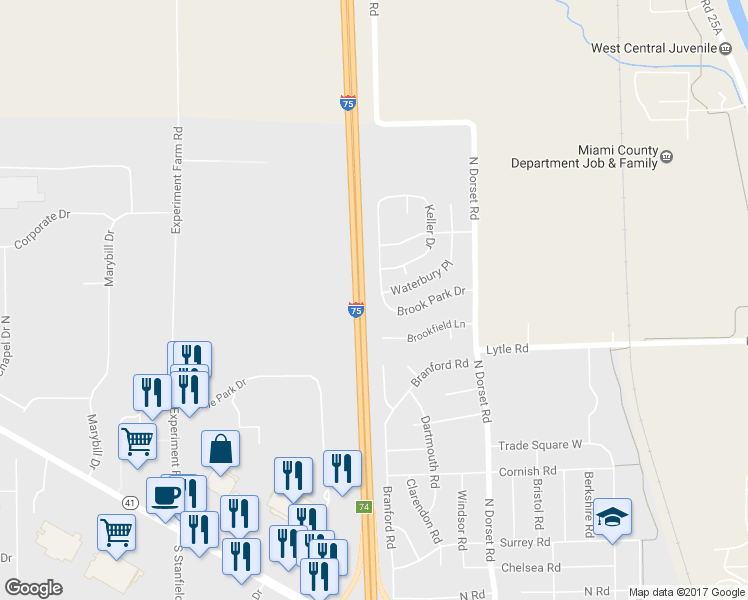 map of restaurants, bars, coffee shops, grocery stores, and more near 1552 Brook Park Drive in Troy