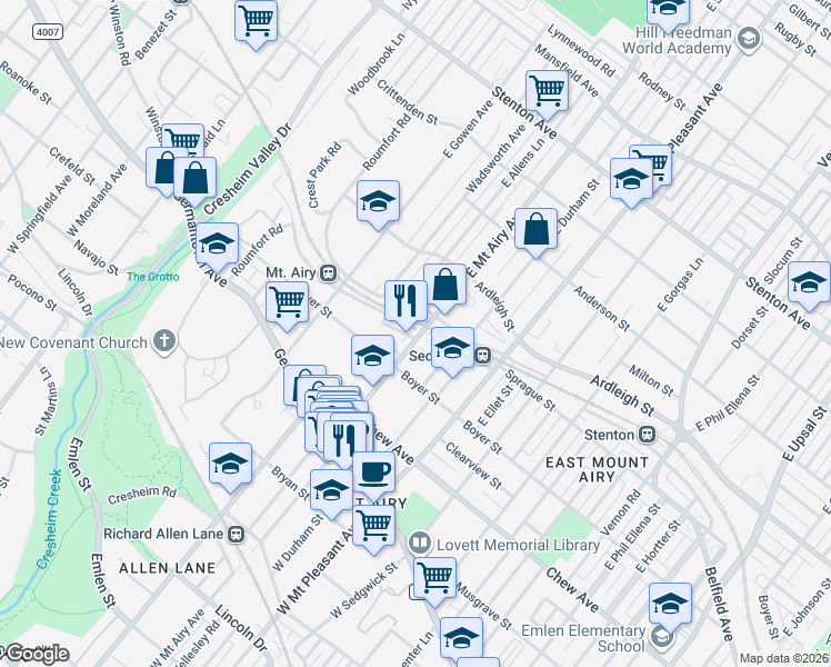map of restaurants, bars, coffee shops, grocery stores, and more near 235-37 East Mount Airy Avenue in Philadelphia