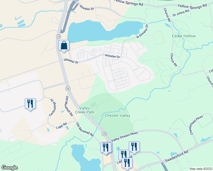map of restaurants, bars, coffee shops, grocery stores, and more near 404 Quarry Point Road in Malvern