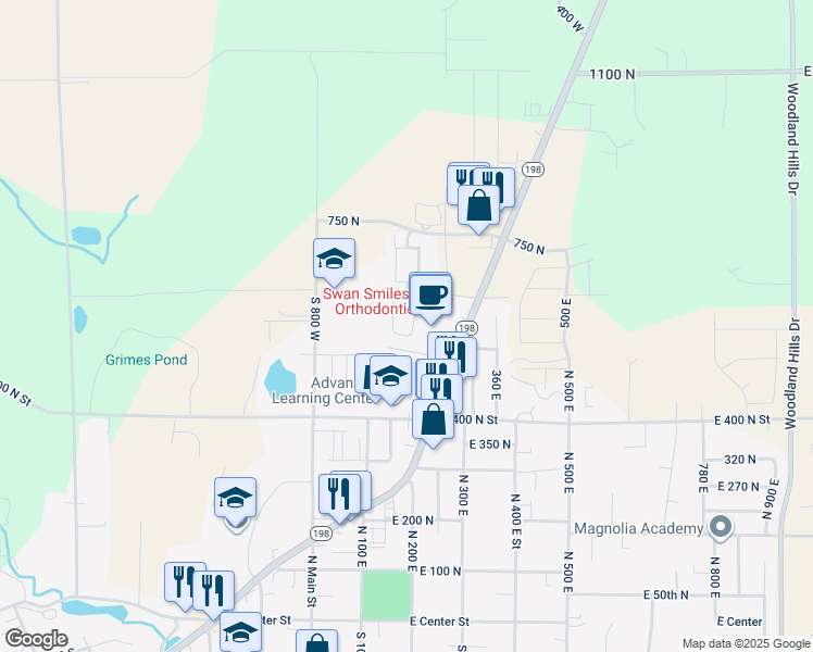 map of restaurants, bars, coffee shops, grocery stores, and more near 577 220 East in Salem