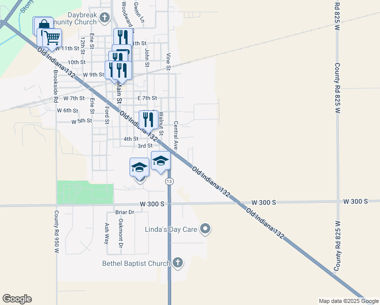 map of restaurants, bars, coffee shops, grocery stores, and more near 8912 Old State Road 132 in Lapel
