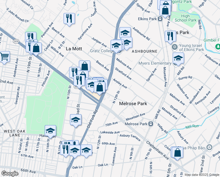map of restaurants, bars, coffee shops, grocery stores, and more near 7401 Old York Road in Elkins Park