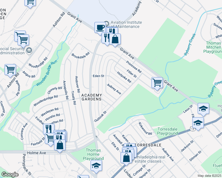 map of restaurants, bars, coffee shops, grocery stores, and more near 3416 Aubrey Avenue in Philadelphia