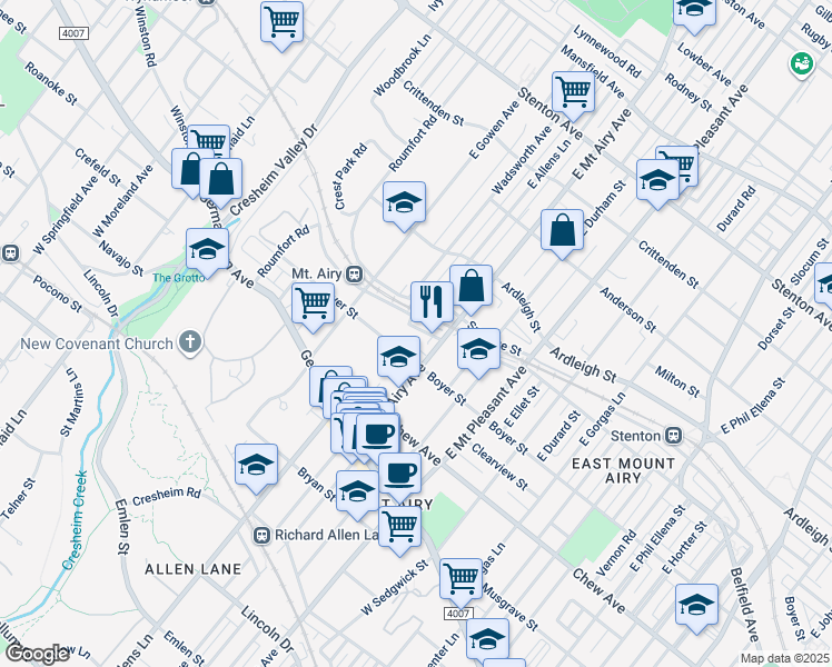 map of restaurants, bars, coffee shops, grocery stores, and more near 7230 Devon Street in Philadelphia