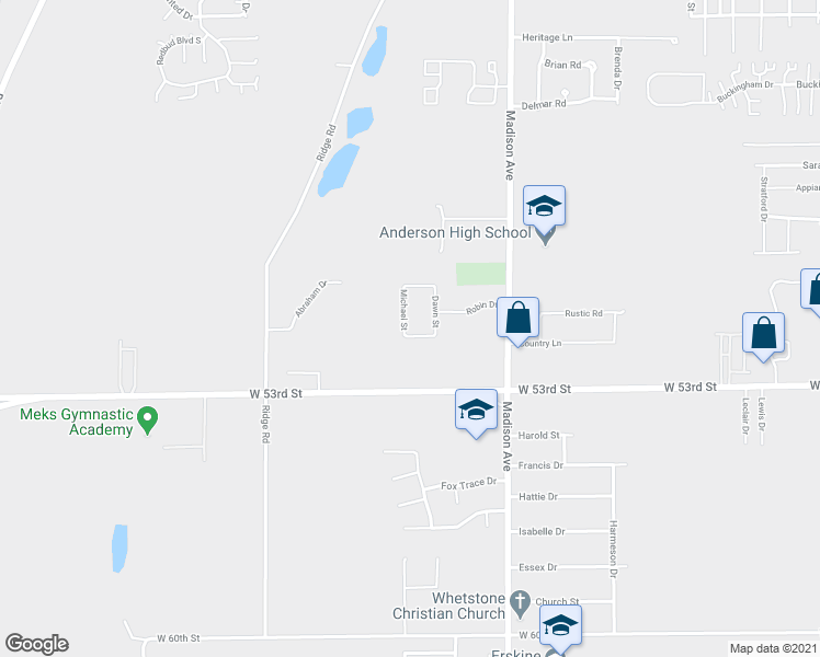 map of restaurants, bars, coffee shops, grocery stores, and more near 5018 Michael Street in Anderson