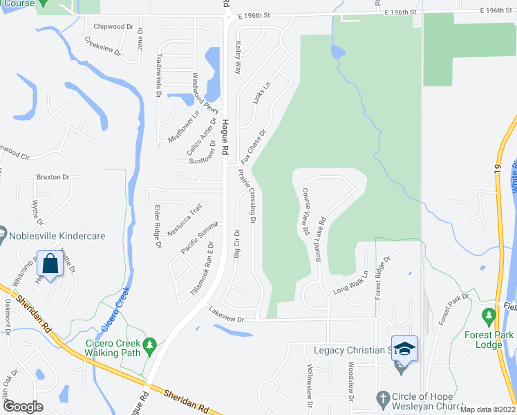 map of restaurants, bars, coffee shops, grocery stores, and more near 18984 Prairie Crossing Drive in Noblesville