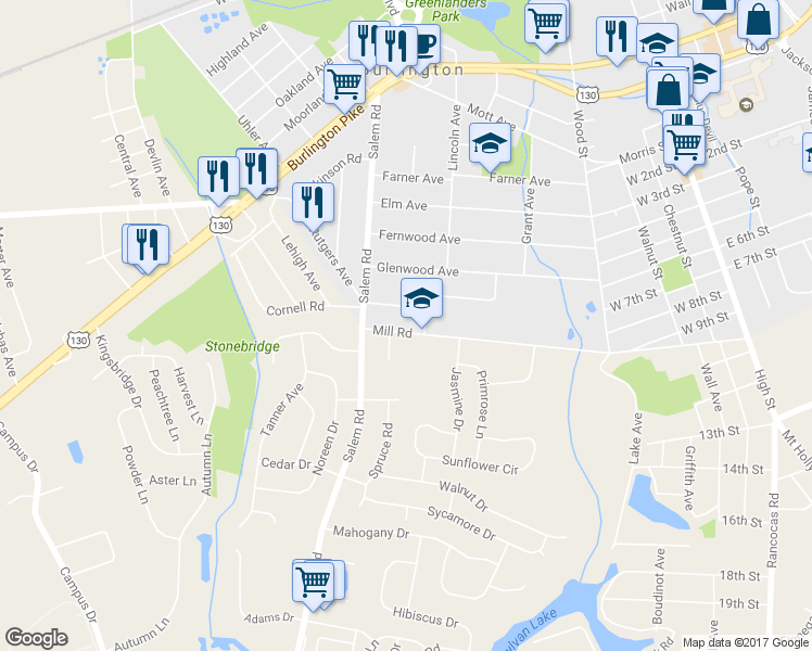 map of restaurants, bars, coffee shops, grocery stores, and more near 313 Mill Road in Burlington