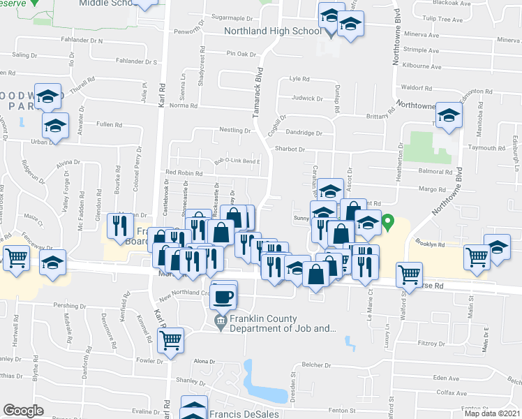 map of restaurants, bars, coffee shops, grocery stores, and more near 1795 Northgrove Ct in Columbus