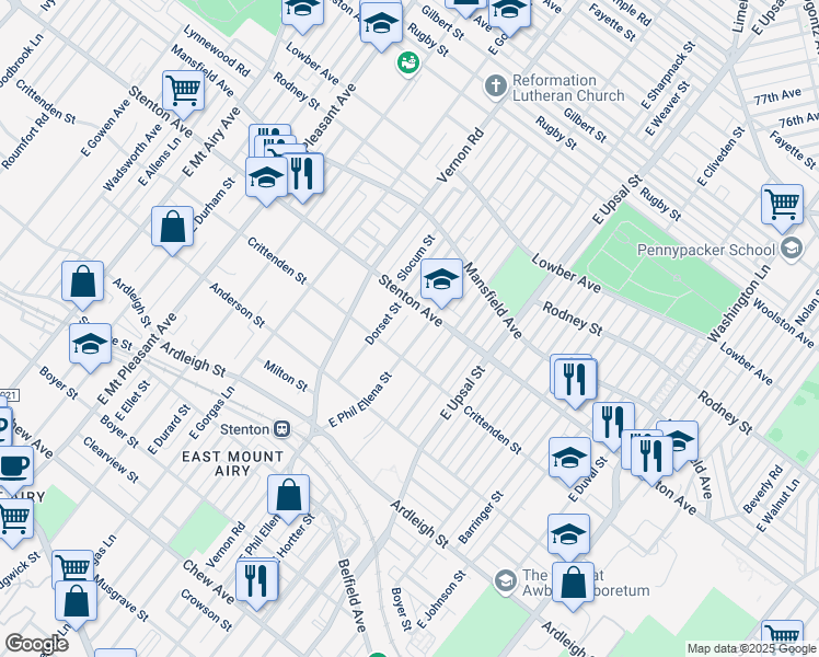 map of restaurants, bars, coffee shops, grocery stores, and more near 827 E Phil Ellena St in Philadelphia