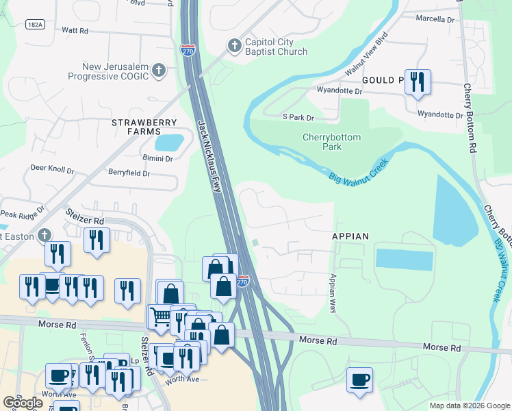 map of restaurants, bars, coffee shops, grocery stores, and more near 4339 Grays Market Drive in Columbus