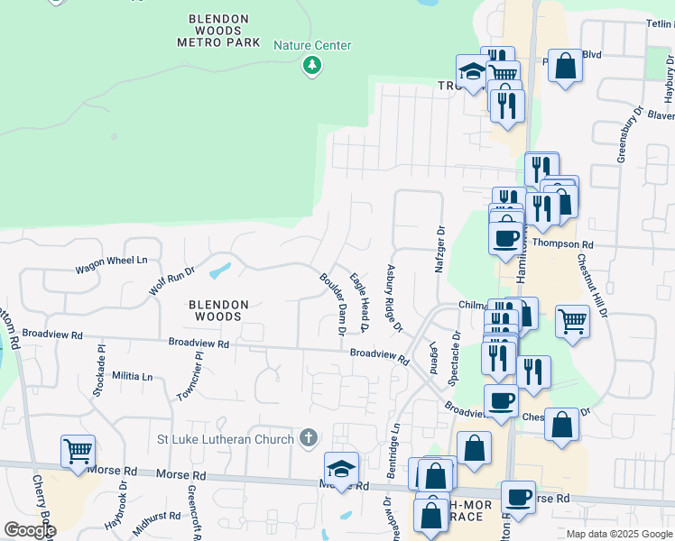 map of restaurants, bars, coffee shops, grocery stores, and more near 4248 Boulder Creek Drive in Columbus